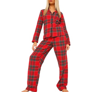 Women Cotton Sleepwear Brushed Check Loungwear Long Sleeve Pants Flannel Check <b>Trousers</b> Pajamas - Product Image 1