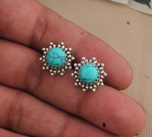 SHREE JAIPUR <b>SILVER</b> Vintage Round Turquoise Sunburst Bead Border <b>Silver</b> <b>Stud</b> Earrings Handmade Gemstone Jewelry From Rajasthan - Product Image 4