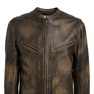 Vintage Stand Collar Leather Jacket Hooded Fashion Motorcycle <b>Coat</b> Brown Genuine Leather Cow Skin Classic Men's Front Logo - Product Image 3