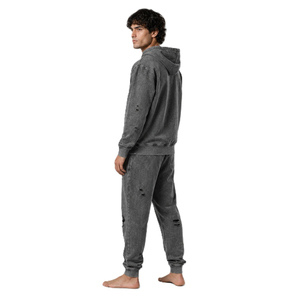 Men's Acid Wash Distressed Tracksuit <b>Full</b> <b>Zip</b> <b>Hoodie</b> Sweatpants Set Solid Color Casual Streetwear Breathable Eco-Friendly - Product Image 2
