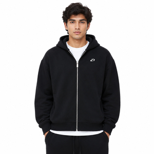 High Quality Black Men <b>Hoodies</b> Full <b>Zip</b> Cotton Fleece Drop Shoulder Kangaroo <b>Pocket</b> Casual Autumn Winter Custom Logo Wholesale - Product Image 1