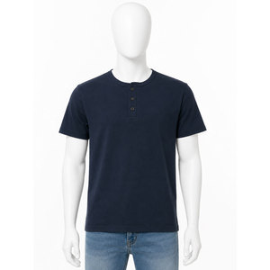 เสื้อยืดเฮนลีย์ผู้ชายสีน้ำเงินกรมท่า แขนปกติ ผ้าฝ้าย 100% ทรงหลวม สีพื้น ผ้าเจอร์ซีย์ถัก คอวี เรียบง่าย - Product Image 3
