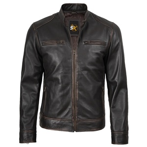 Veste de moto d'hiver pour homme 5KINGZ SPORTS en cuir PU marron foncé coupe-vent, col mandarin, fermeture éclair, coupe ajustée, couleur unie sur le devant - Product Image 2