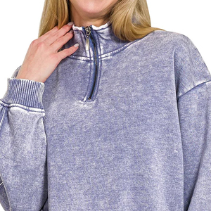 <b>Women's</b> Lavender <b>Quarter</b> <b>Zip</b> Knit Pullover High Neck Loose Fit Cotton Blend Solid Tone Soft Casual Fall Seasonal Sweatsh Front - Product Image 4