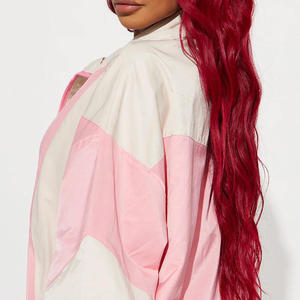 Wholesale <b>Women</b> <b>Pink</b> Beige Color Block <b>Tracksuit</b> Casual Loose Fit Zip Up Windbreaker Jacket and Jogger Pants OEM ODM - Product Image 4