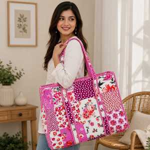 Floral <b>Patchwork</b> Women's Fashion Shopping Shoulder Tote <b>Bag</b> Open Top Striped Handles Large Capacity Zipper Closure High Quality - Product Image 2