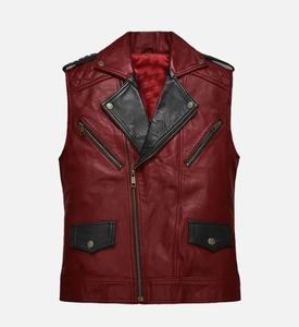 Gilet vintage respirant en cuir véritable rouge et noir, color-block, col rond, fermeture boutonnée, haute qualité, pour l'automne - Product Image 1