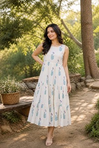 Vestido elegante de algodón blanco estampado para mujer, estilo evasé, de la colección After Six Wear Kurti. - Product Image 4