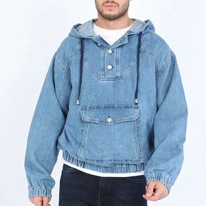 Veste en jean à capuche pour homme, coupe ample, boutonnée, décontractée, en coton délavé, couleur unie, style automne - Product Image 3