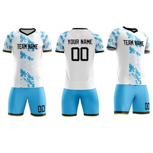Uniforme de Fútbol Personalizado Blanco y Azul con Estampado Geométrico, Cuello en V, Manga Corta, 100% Poliéster, Absorbe la Humedad, Unisex, para Adultos - Product Image 1