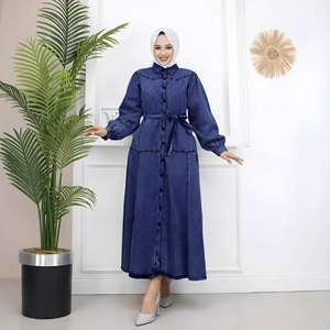 Vestido Maxi de Mezclilla para Mujer, Estilo Musulmán de Oriente Medio, con Cuello de Solapa, Elegante, para Ramadán, Jalabiya, Abaya Árabe, con Botones y Cinturón - Product Image 3