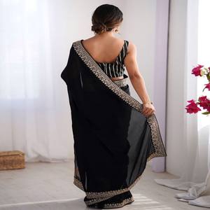 VASTRA COTTAGE Saree Rangoli para Fiesta con Blusa de Seda Artística Bordada, Color Negro, Atuendo Tradicional Étnico para Mujer - Product Image 4