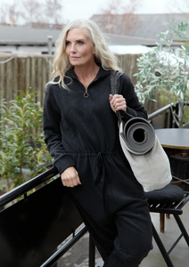 Combinaison de nuit longue à capuche pour femme, manches longues, couleur unie, tricotée en fil teint, 100% coton, imperméable, avec fermeture éclair, vêtement de détente - Product Image 2