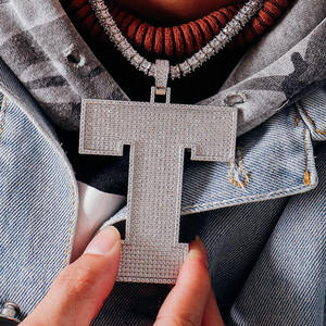 T Letter Pendant With Crystal Rhinestones Micro Pave Hiphop Charm <b>Necklace</b> For Men <b>Silver</b> Plated Alloy - Product Image 3