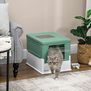 Fully Enclosed <b>Cat</b> Litter <b>Box</b> with Front Entry and Top Exit Green and White Plastic Accessory for Feline Companions - Product Image 2