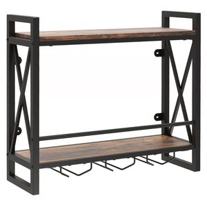 Moderno Estante de Vino de Madera Maciza para Montar en la Pared con 2 Niveles y 3 Soportes para Copas, para Exhibición en el Comedor - Product Image 5