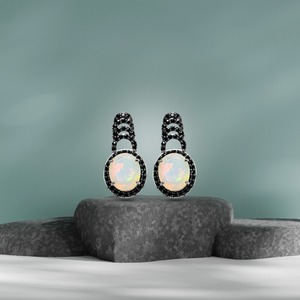 Premium 925 Sterling Silver Rhodium White <b>Opal</b> Statement <b>Earrings</b> with Black CZ Accents and Decorative Drop Design - Product Image 3