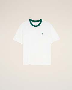 Camiseta Blanca de Corte Regular para Hombre con Cuello Ribeteado en Verde y Logotipo Bordado en la Parte Delantera, Estilo Casual, Manga Corta, Algodón Jersey - Product Image 1