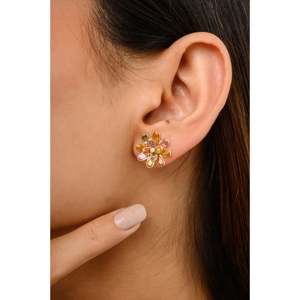 18K Solid Gold Floral Stud <b>Earrings</b> with Natural Rainbow Sapphires Pear Cut Diamonds & Emerald - Product Image 5