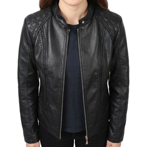 Chaqueta de Motocicleta de Cuero PU Negra para Mujer, Cuello Alto, Cierre de Cremallera, Hombros Acolchados, Ropa de Abrigo para Otoño - Product Image 5