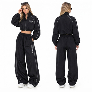 Conjunto Deportivo de Chaqueta Corta y Pantalones Holgados para Mujer, Chaqueta Corta de Nailon Ligera con Cierre Completo y Mangas Largas - Product Image 5