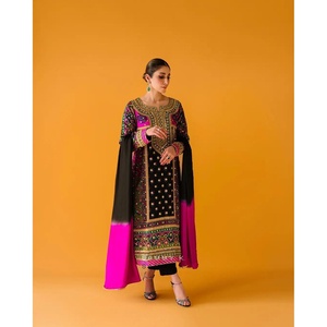 New Arrival Traditional Muslim Clothing <b>Muslin</b> Cotton Digital Printed Top Palazzo with Dupatta Black Color - Product Image 1