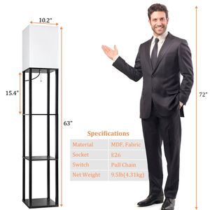 Lámpara de Pie Moderna de Madera con Estantes para Sala de Estar, Dormitorio u Oficina, Acabado Negro, Pantalla de Tela Dorada - Product Image 5