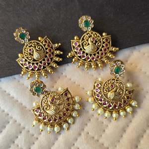 Vintage Peacock Chandbali Stud Earrings with Pearl Diamond Quartz & Zircon - Product Image 1
