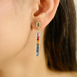 Nueva Colección de Pendientes Colgantes de Oro Amarillo Puro K14 con Diamantes y Múltiples Zafiros de Colores Arcoíris Hechos a Mano, Joyería Fina para Bodas - Product Image 2