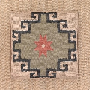 Southwestern Style Square Fabric <b>Pouf</b> With Geometric Pattern And Wooden Legs Handcrafted For Living Room Use - Product Image 6