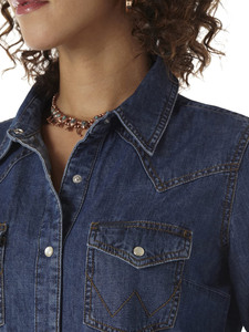 <b>Women's</b> Blue Denim <b>Shirt</b> Long Sleeve <b>Cowboy</b> Collar Button Front Casual Eco-Friendly Waterproof Breathable Vintage Style - Product Image 5