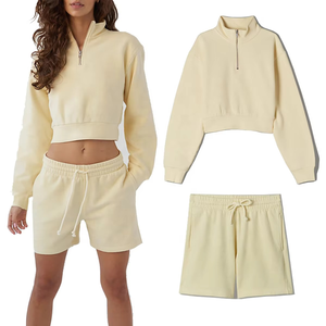 Ensemble 2 pièces pour femmes, short et haut court en polaire avec fermeture éclair, col montant, coupe ample, couleur unie, décontracté, pour le printemps et l'été - Product Image 4