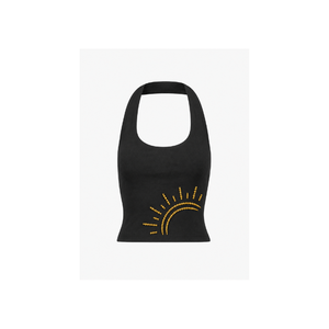 Women's Black Halter Tank <b>Top</b> With Gold Line Art Design Breathable Cotton Spring/Summer Minimalist Women's Casual Lightweight - Product Image 1