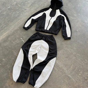 Unique Color Blocking Tracksuit Hooded Zipper Full Sleeve Loose Fit Sporty Style Adult Unisex Spring Lightweight Nylon Set - Product Image 3
