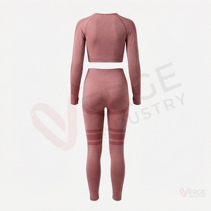 <b>Women</b> Seamless Long Sleeve Crop Top High Waist <b>Leggings</b> 2 Piece Set <b>Pink</b> - Product Image 2