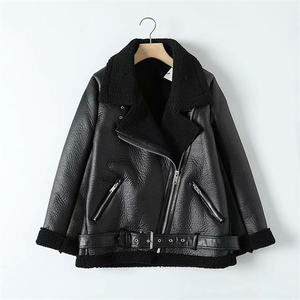 Veste moto en cuir PU pour femme, col montant, manches longues, fermeture éclair, couleur unie, veste de motard, hiver, coupe-vent, fausse fourrure épaisse - Product Image 2