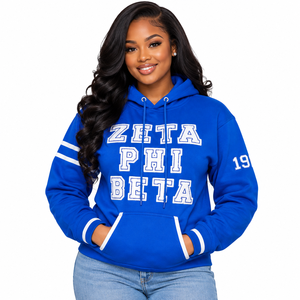 Sudadera con Capucha de Felpa Bordada Zeta Phi Beta para Mujer, Azul Rey y Blanco, Letras Universitarias, Mangas a Rayas, Estilo 1920 - Product Image 1