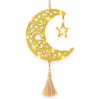 Kleine Batteriebetriebene LED Gold Glitzer Filigrane Halbmond-Lampe mit Holzperlen-Quaste für Ramadan Heim-Wanddekoration