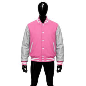 Veste universitaire en laine rose personnalisable avec logo, coupe classique, polyester et coton, couleurs unies, qualité export, produit sur demande du fabricant - Product Image 1