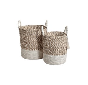 Eco Friendly Hand Woven Seagrass <b>Basket</b> Set Featuring <b>White</b> and Natural Pattern Storage <b>Laundry</b> Hamper Container Bin - Product Image 1