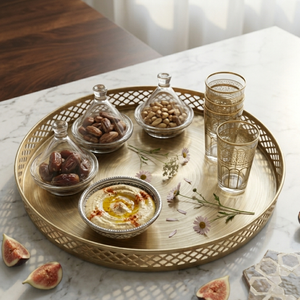 Gold Metal Cutout Serving Tray Round <b>Decorative</b> <b>Plate</b> Geometric Gifting Dinnerware for Home - Product Image 4