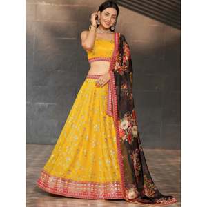 Yellow <b>Sequins</b> Georgette Haldi Wear Lehenga Choli for Women - Product Image 1