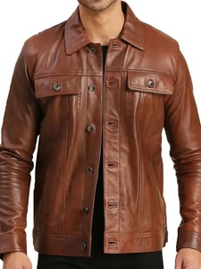 Mens Brown Leather <b>Trucker</b> <b>Jacket</b> - Product Image 1
