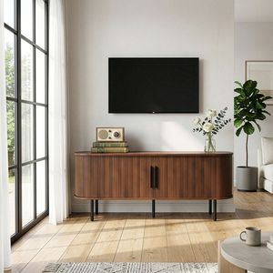 Mobile TV Moderno in Truciolato di Noce Goffrato con Piano Ovale 147x35,58 cm e Ante Scorrevoli a Griglia - Centro Intrattenimento - Product Image 1