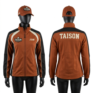 Womens Rugby Training Jacket 320 GSM Poly Cotton <b>Fleece</b> <b>Brown</b> Navy Contrast Panel Embroidery Custom Logo Athletic Fit Wear - Product Image 4