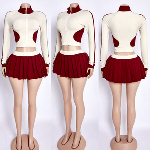 Women's Sporty Two Piece <b>Set</b> Customizable Logo Embroidery Color Block Printed Pleated Zip-Up Quick Dry Jacket & Shorts Tracksuit - Product Image 1