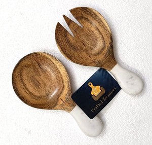 Ensemble de saladiers en bois d'acacia naturel avec manche en marbre, cuillère et fourchette, décoration pour la maison, ustensiles de cuisine au meilleur prix - Product Image 5