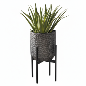Jardinière moderne en métal gris martelé avec support en fer noir |   Pot de plantes succulentes d'intérieur industriel pour la décoration de la maison et du bureau - Product Image 1