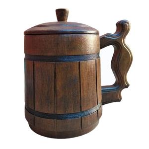 Chope à bière en bois avec bandes noires et poignée, style traditionnel, vaisselle écologique - Product Image 5