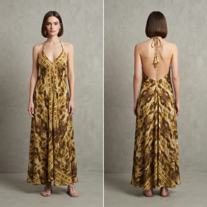 Vestido maxi bohemio para mujer, cuello en V, tirantes finos, línea A, cintura imperio, informal, estampado, para verano - Product Image 6